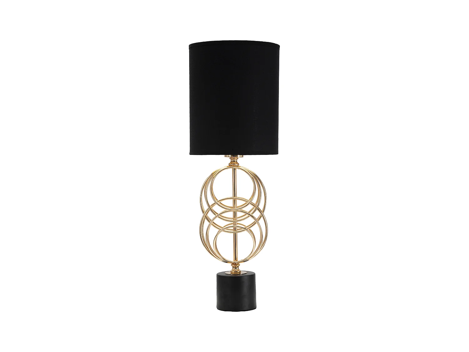 Lampe de Table  - Abat-Jour en Tissu Noir et Détails Concentriques Dorés - Dimensions Ø 20 cm x Hauteur 58,5 cm - Matériaux Fer, PVC et Tissu