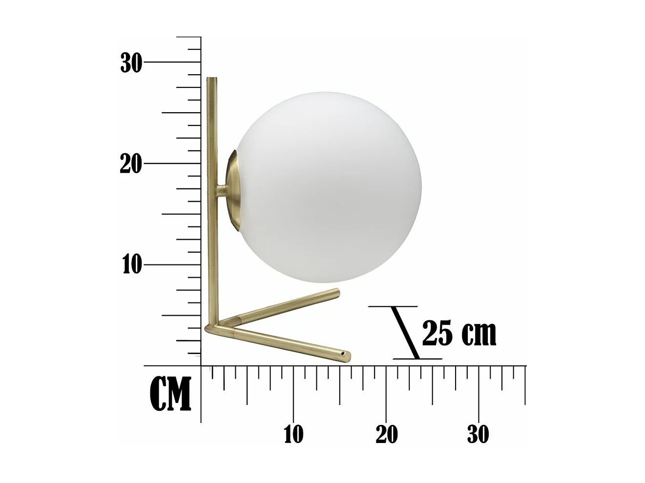 Lampada da tavolo in metallo dorata con sfera in vetro cm 25x25x27