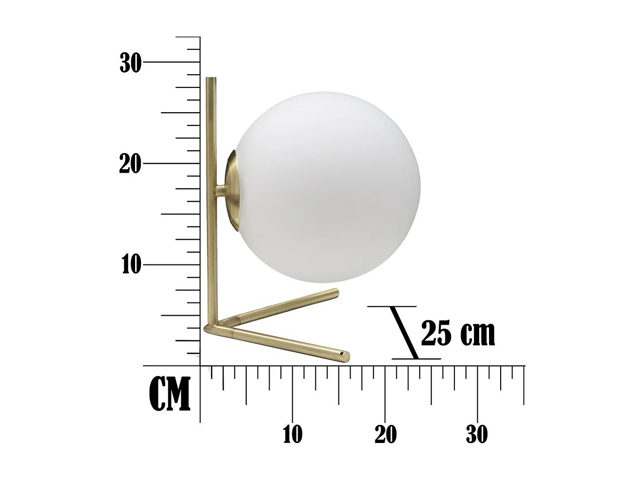 Lampada da tavolo in metallo dorata con sfera in vetro cm 25x25x27