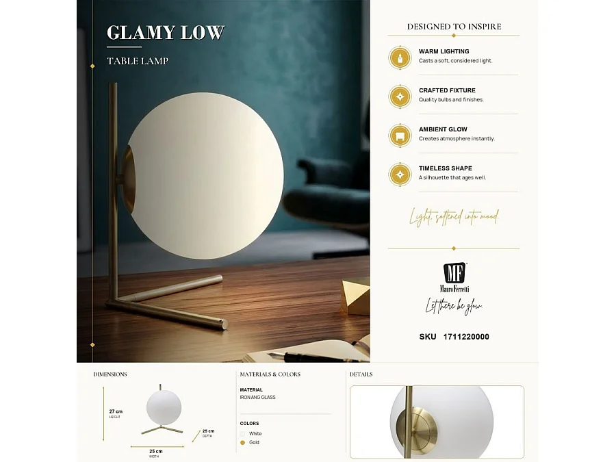 Lampe à Poser Sphère "Glamy" 27cm Blanc & Or