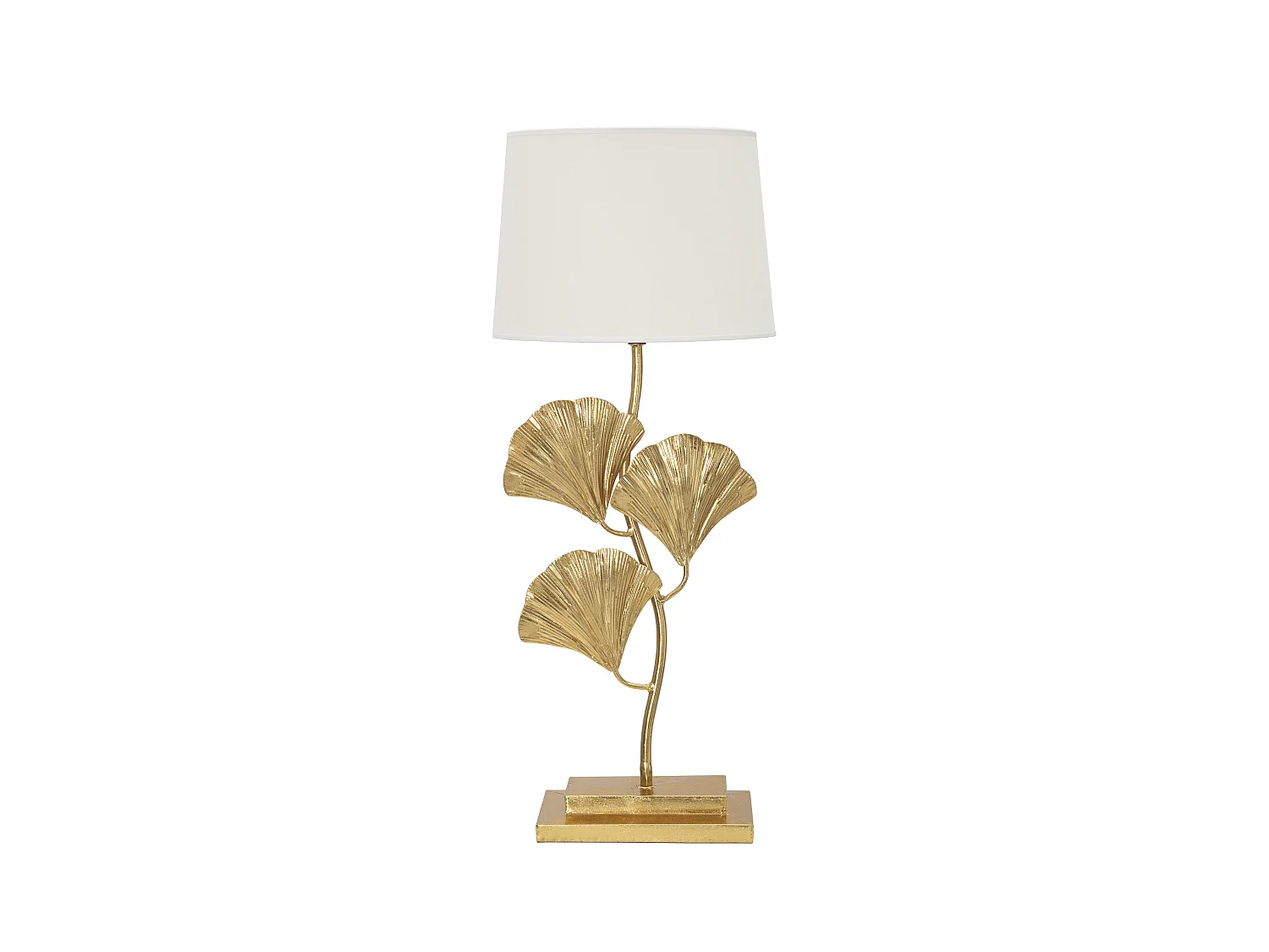 Lampe de Table - Design Naturel avec Abat-Jour en Tissu Blanc et Base en Feuilles Dorées - Dimensions Ø 33 cm x Hauteur 81 cm - Matériaux Fer et Tissu