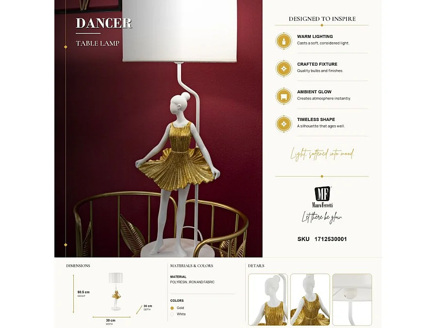 Lampe à Poser en Résine "Dancer" 90cm Blanc & Or