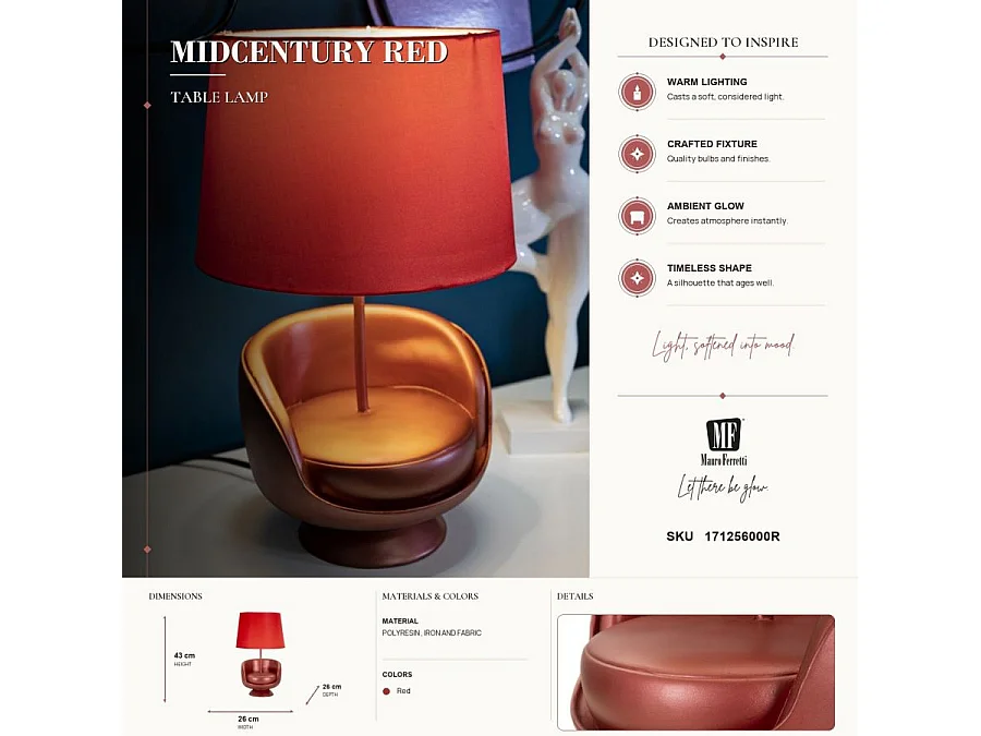 Lampe à Poser Déco "Midcentury" 43cm Rouge
