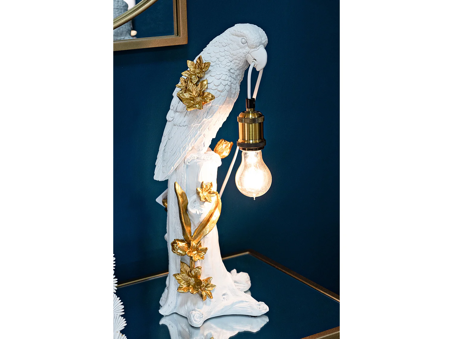 Lampada da tavolo pappagallo in resina bianca e dorata cm 20x20x50,5