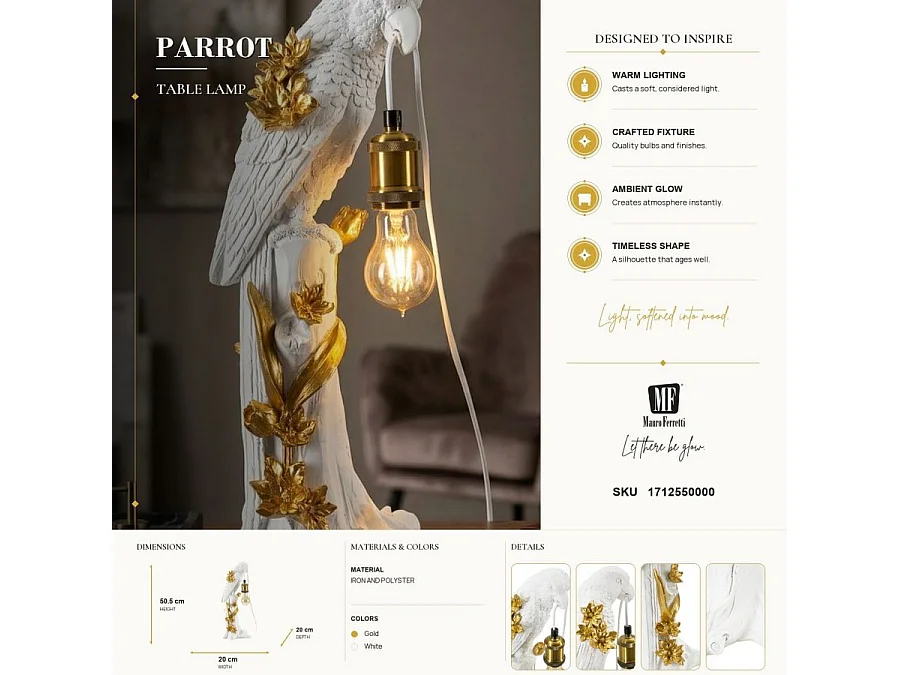Lampe à Poser en Résine "Perroquet" 50cm Blanc