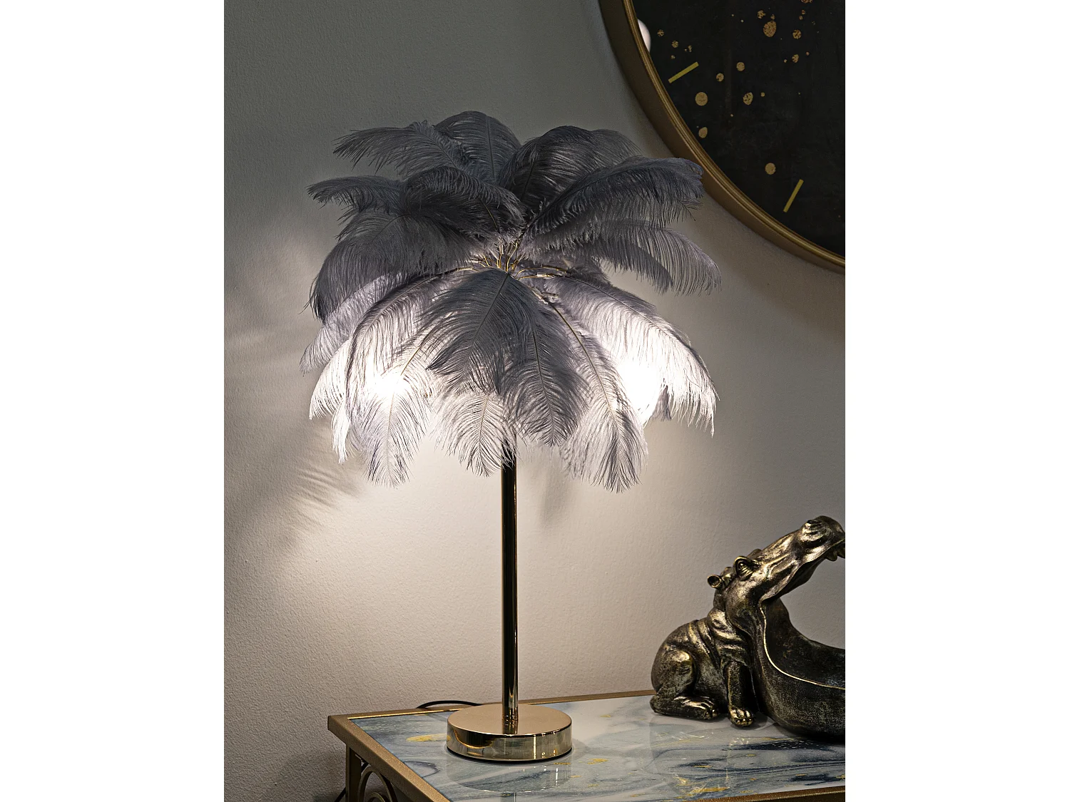 Lampe à Poser Imitation Plume "Palm" 60cm Or & Gris
