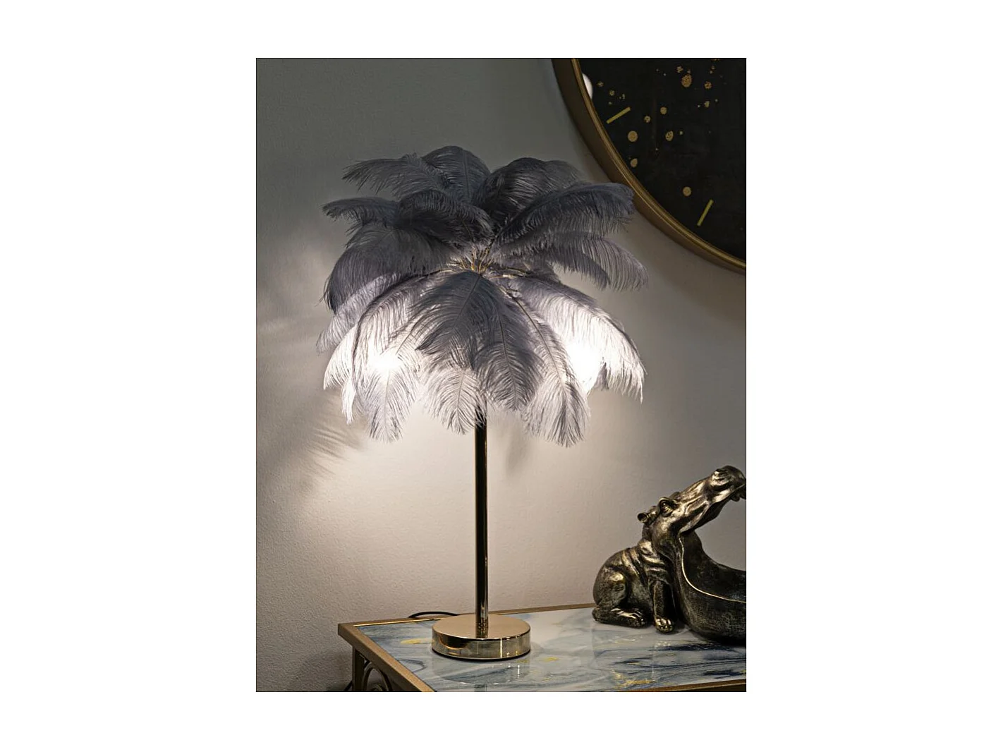Lampe à Poser Imitation Plume "Palm" 60cm Or & Gris