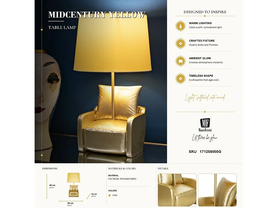Lámpara de mesita de noche Midcentury amarilla de tela y resina