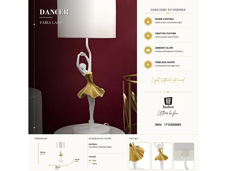 Lampe à Poser en Résine "Dancer" 64cm Blanc & Or