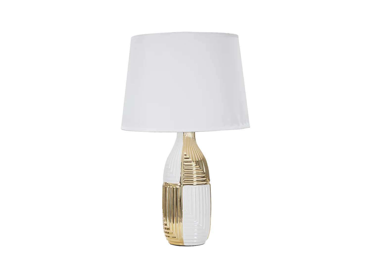 Lampe à poser blanche et or - Design géométrique en céramique et métal - Abat-jour en tissu blanc - Dimensions Ø 33x54 cm