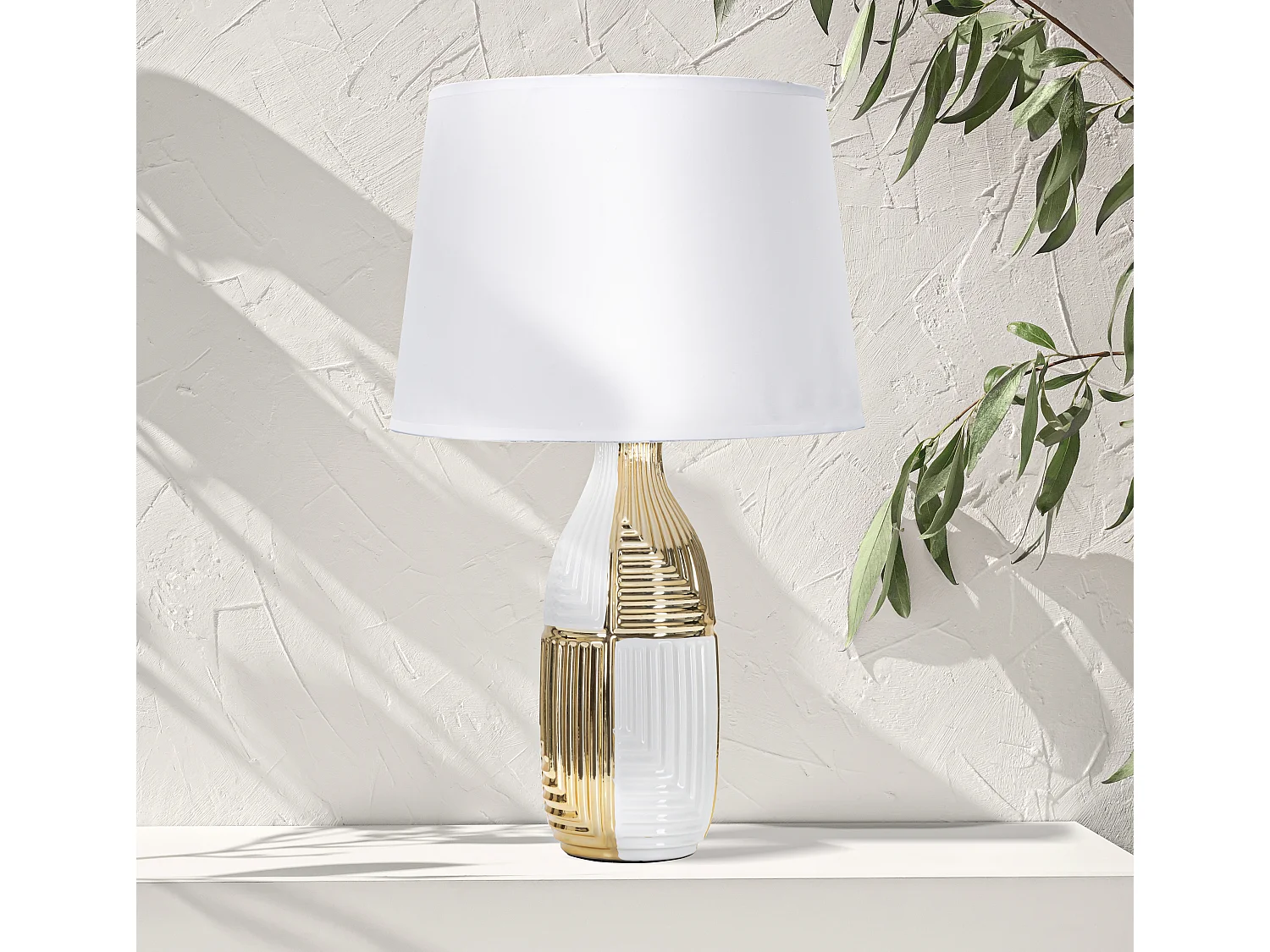 Lampe à Poser en Céramique "Line" 54cm Blanc & Or