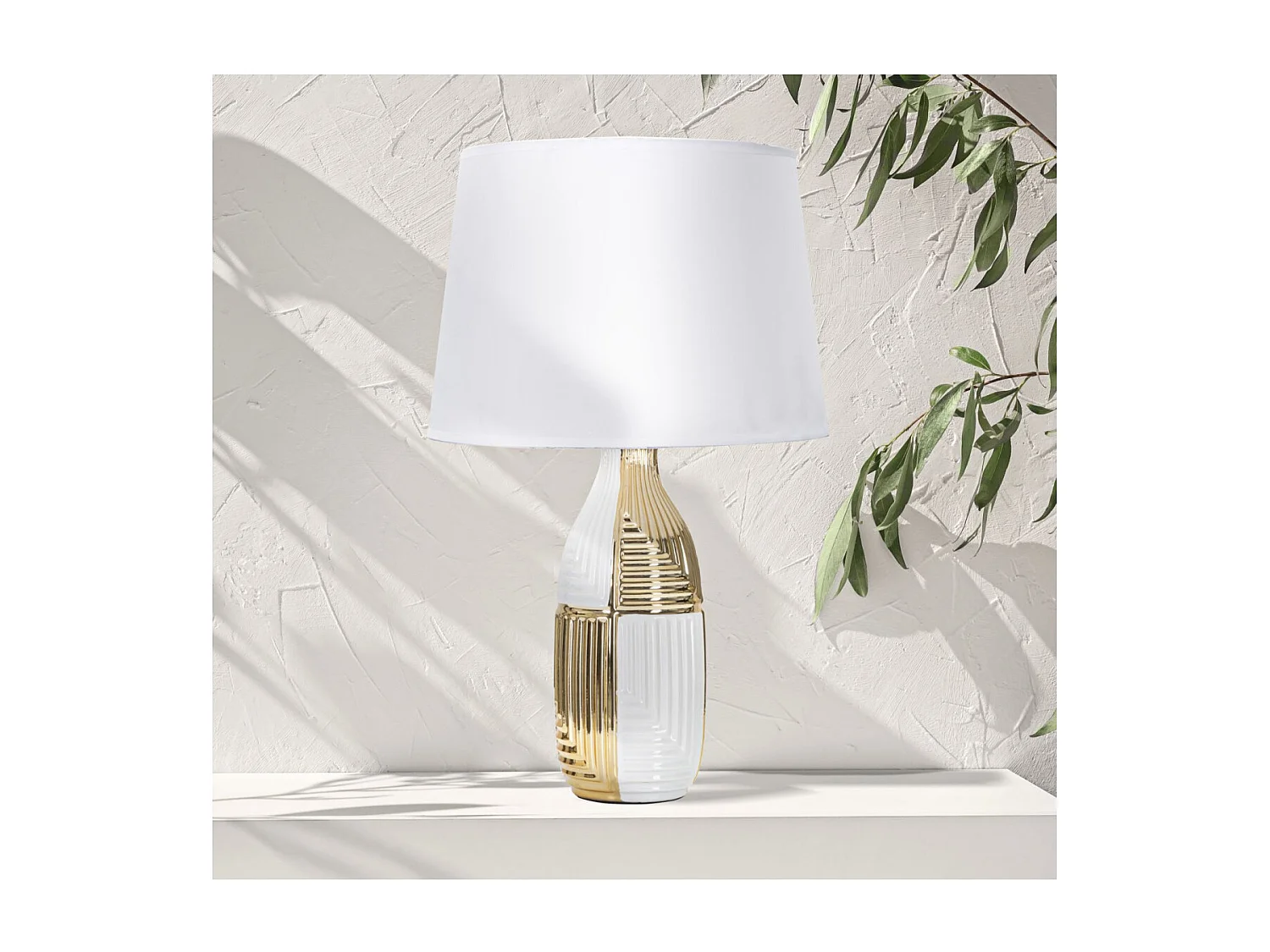 Lampe à Poser en Céramique "Line" 54cm Blanc & Or