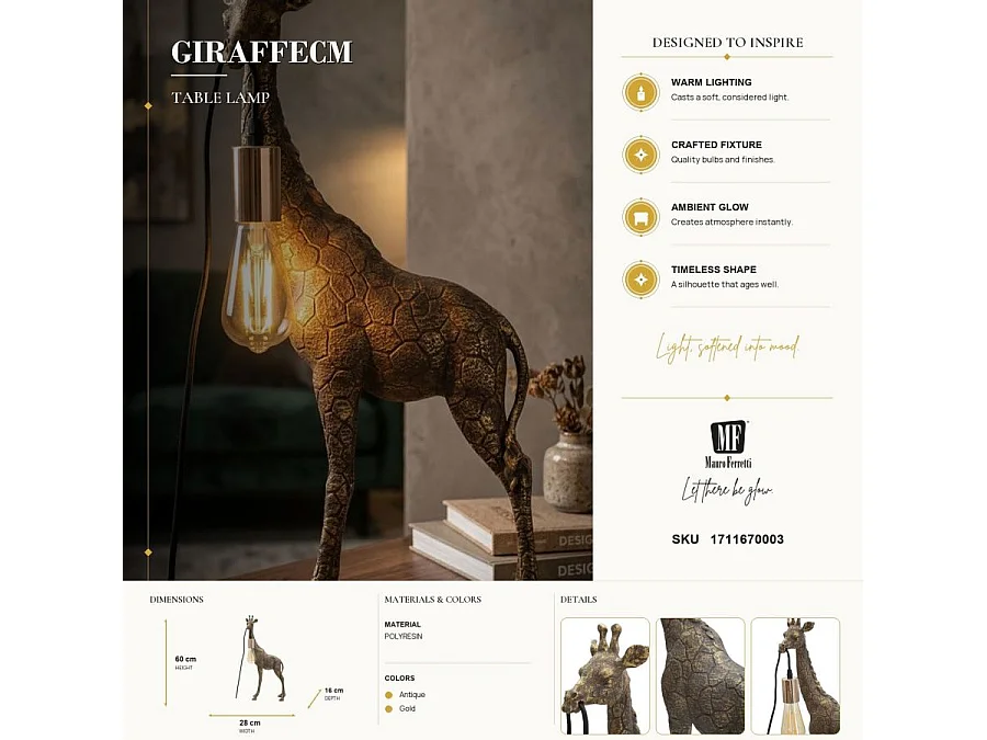Lampada da tavolo in resina dorata giraffa cm 28x16x60