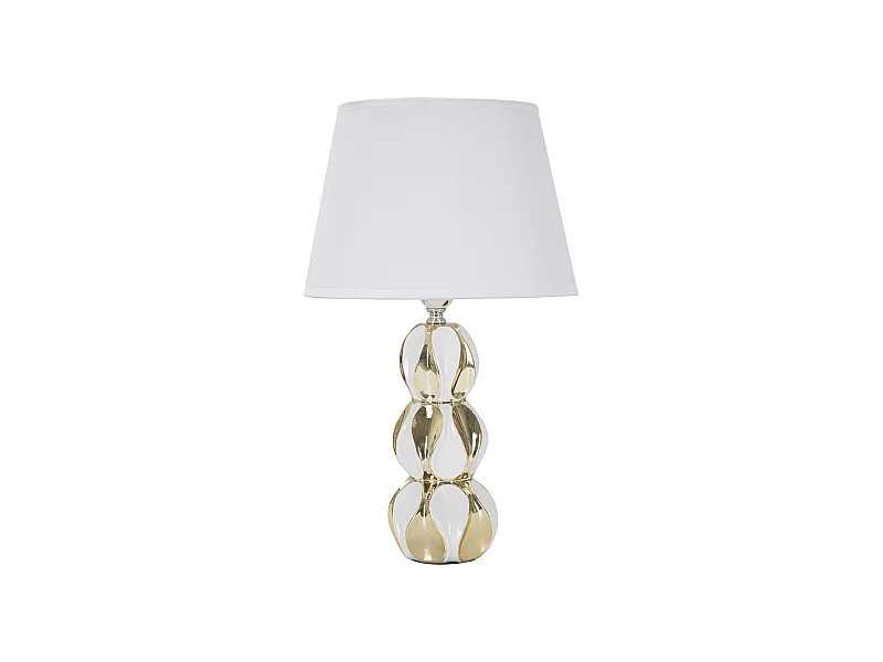 Lampe à poser blanche et or - Design boule en céramique et métal - Abat-jour en tissu blanc - Dimensions Ø 28x46 cm