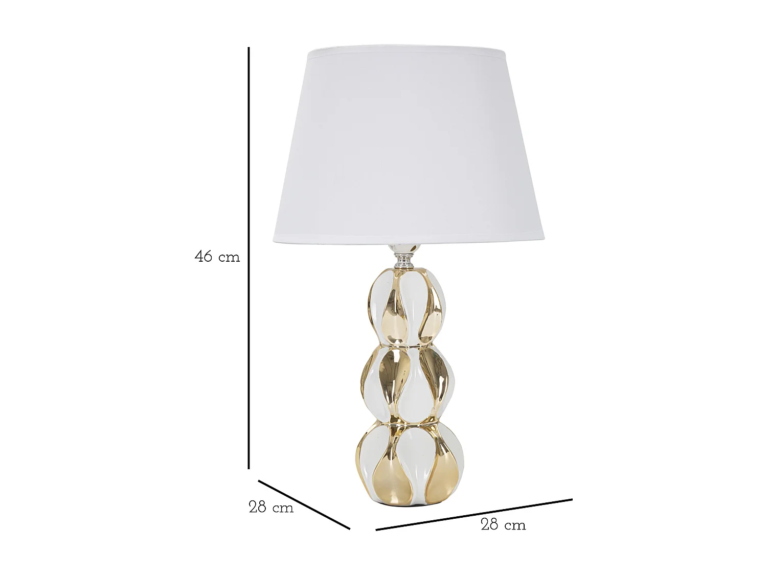 Lampe à poser blanche et or - Design boule en céramique et métal - Abat-jour en tissu blanc - Dimensions Ø 28x46 cm