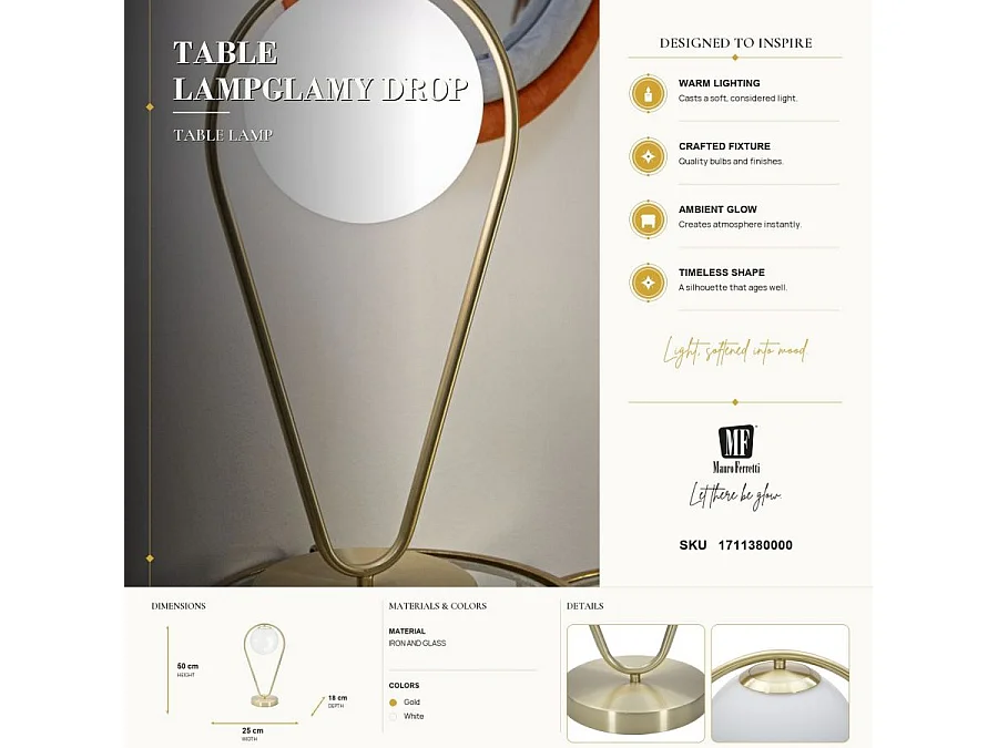 Lampe à Poser Sphère "Glamy Drop" 50cm Blanc & Or