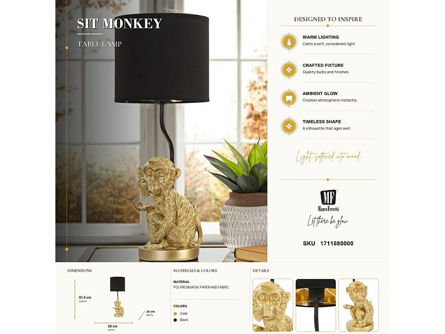 Lampe à Poser Design "Monkey" 51cm Or & Noir