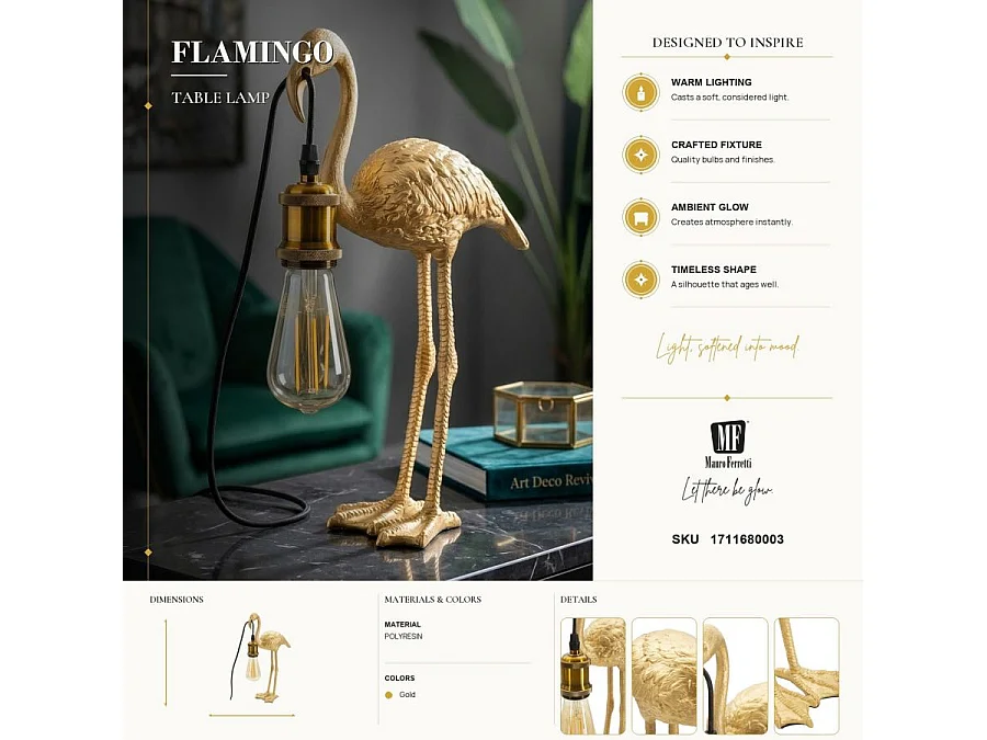 Lampe à Poser en Résine "Flamant Rose" 39cm Or