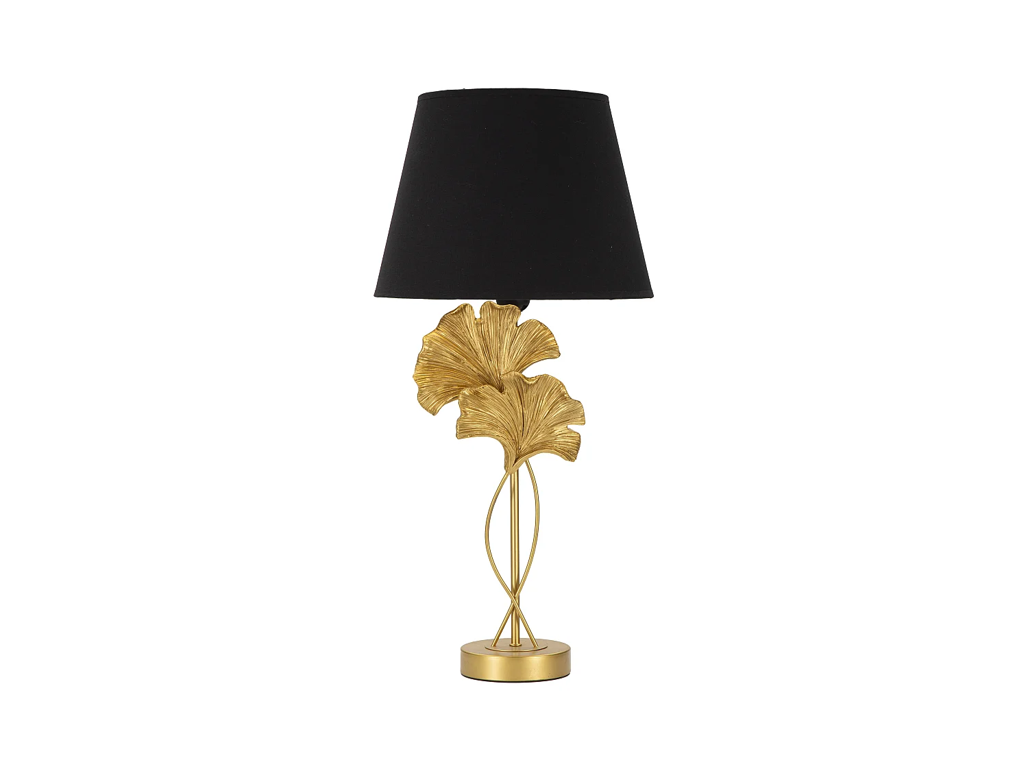 Lampe de Table FLOW en Métal et Résine avec Abat-Jour en Tissu Noir - Design Élégant avec Motifs Feuilles - Ø 30 cm x Hauteur 63 cm - Or et Noir