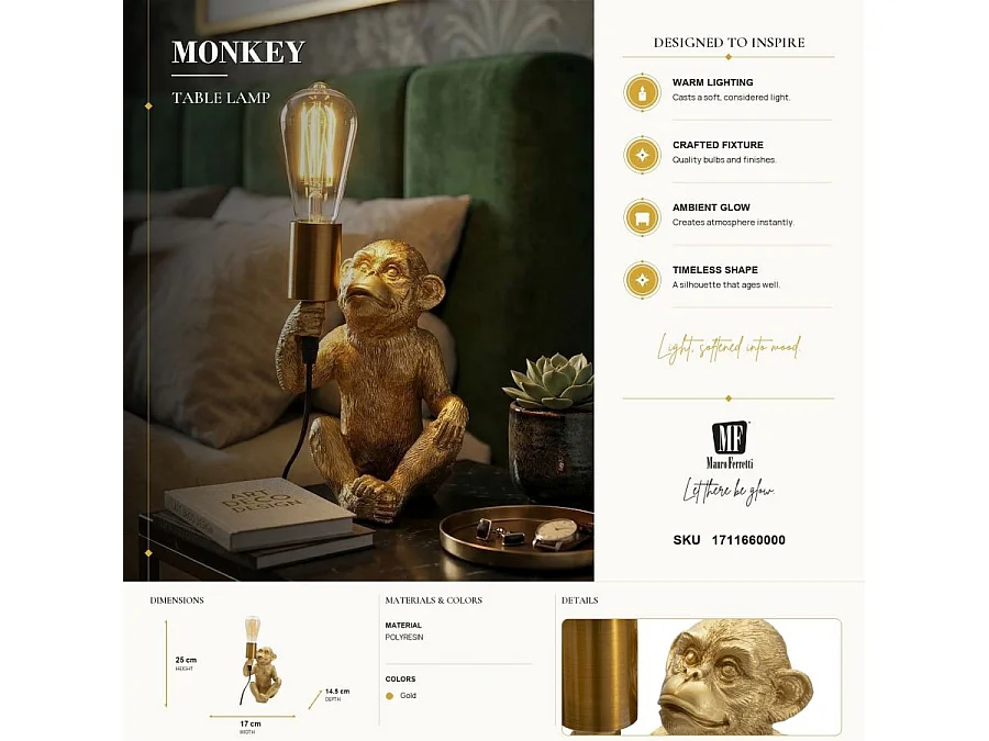 Lampe à Poser en Résine "Monkey" 25cm Or