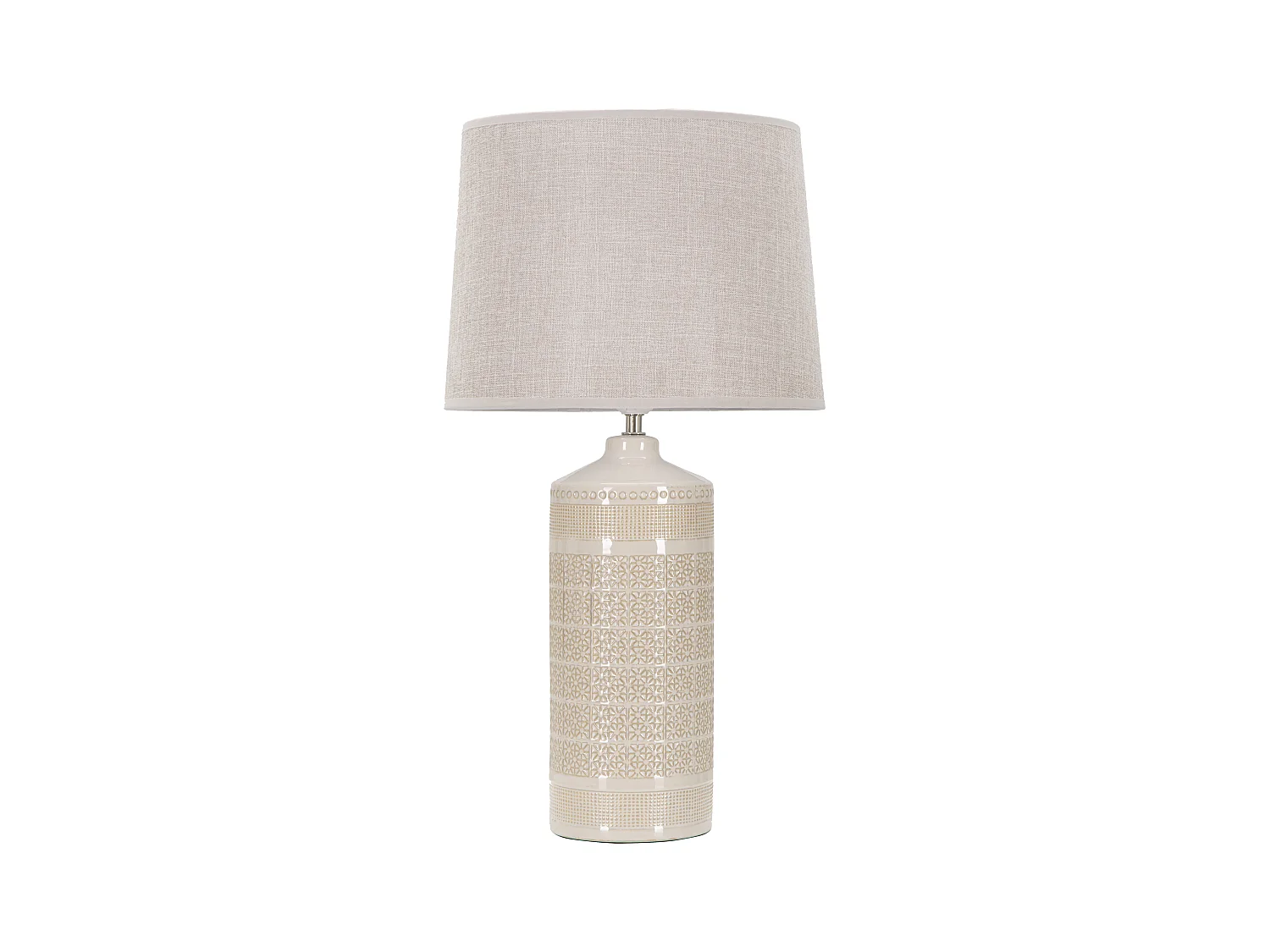 Lampe de Table en Céramique avec Abat-Jour en Tissu Blanc - Design Élégant avec Motifs Géométriques en Relief - Ø 30 cm x Hauteur 55 cm - Crème