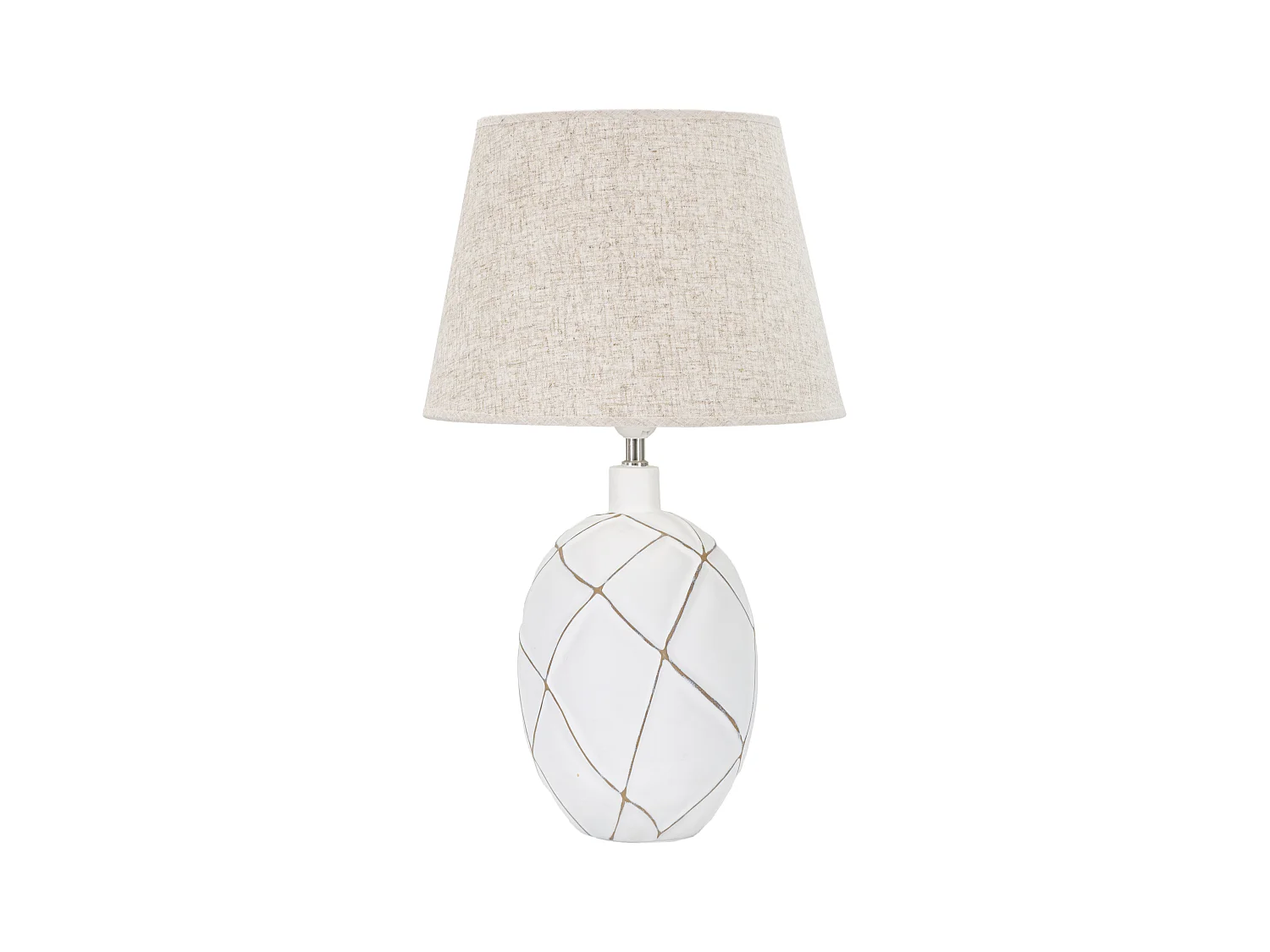 Lampe à poser blanche et marron - Design géométrique en résine et métal - Abat-jour en tissu beige - Dimensions Ø 35x60 cm