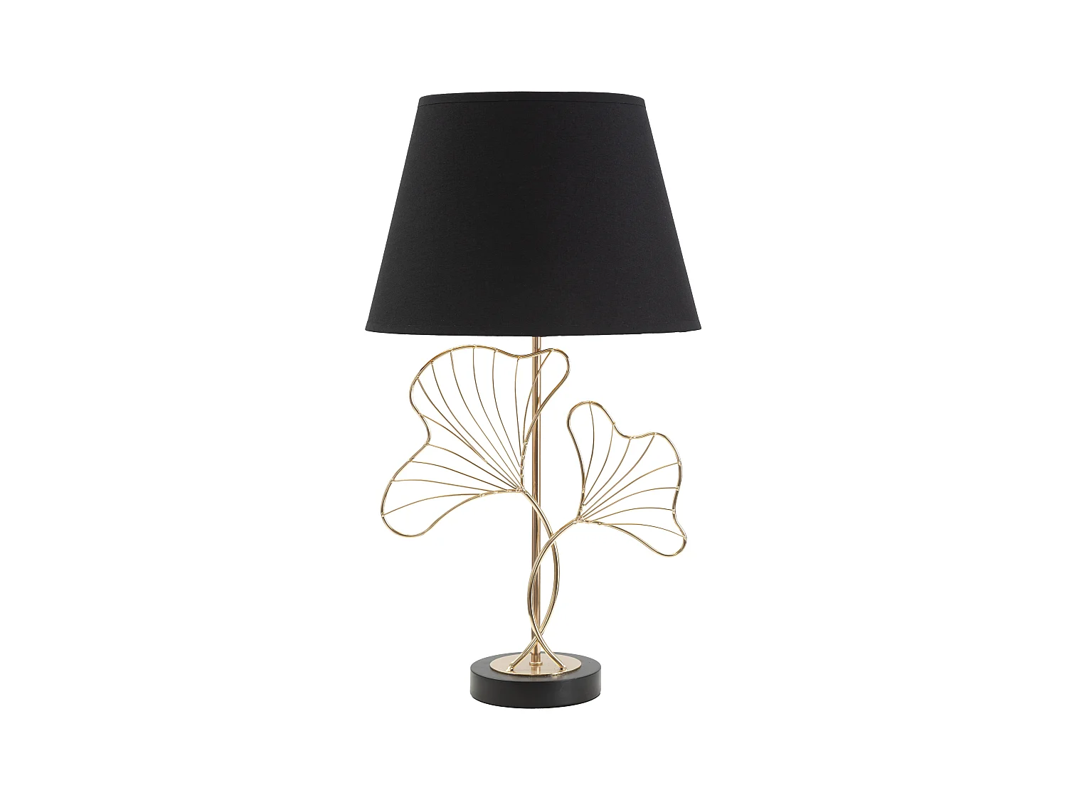Lampe à poser en métal doré - Abat-jour en tissu noir à motif de feuilles - Dimensions : Ø 30 cm x Hauteur 60 cm - Matière : Fer, PVC et polyester