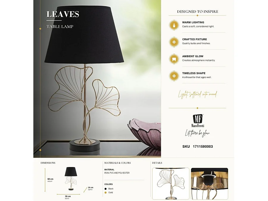 Lampada da tavolo in metallo dorata con foglie Ø cm 30x60