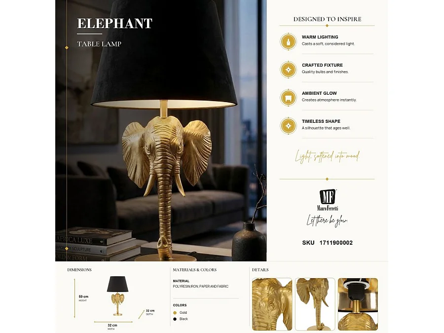 Lampe à Poser Design "Elephant" 59cm Or & Noir