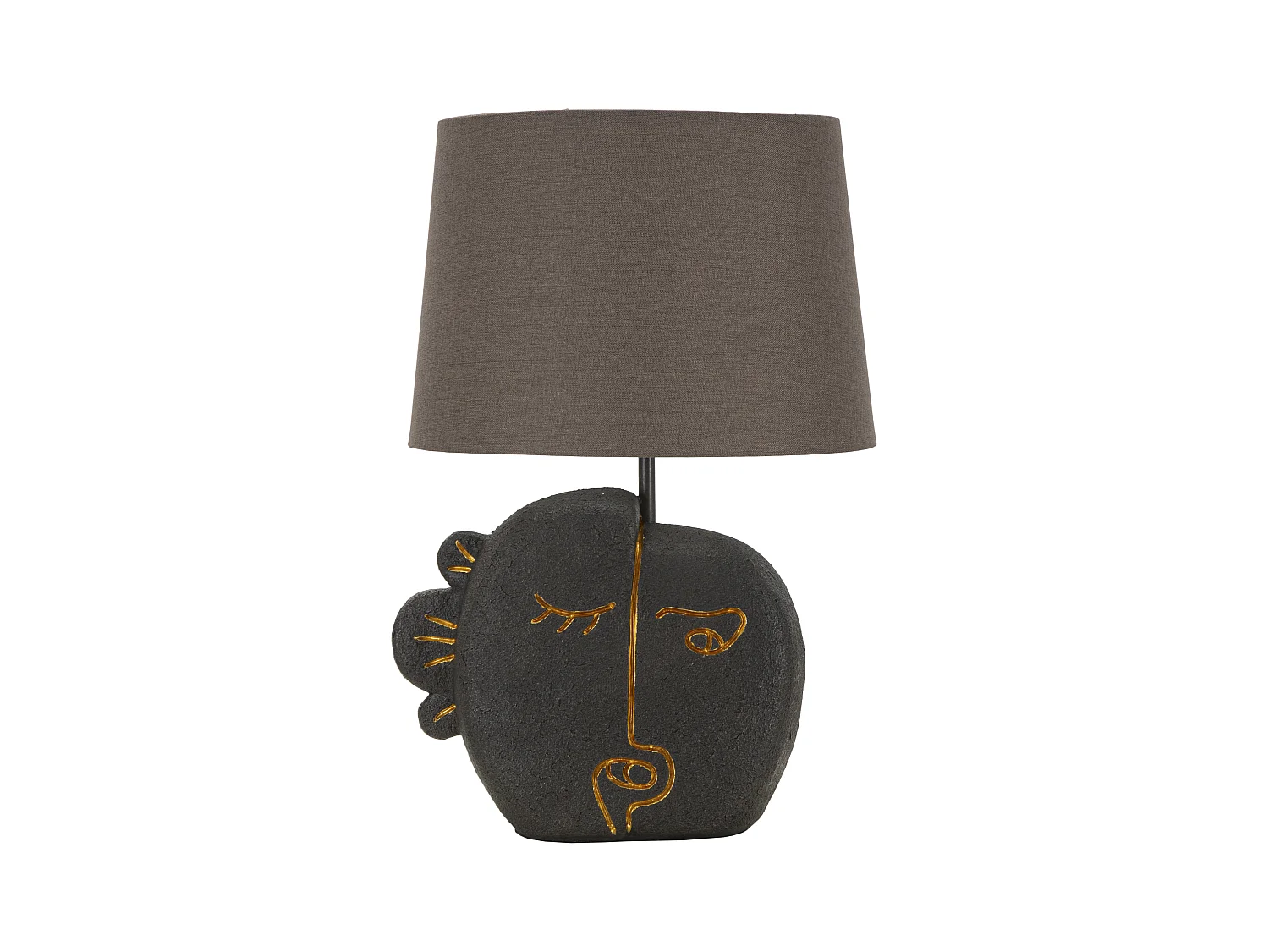 Lampe à poser Brown Gold - Design tribal en résine et métal avec abat-jour en tissu gris - 27,5 x 39,5 cm de diamètre