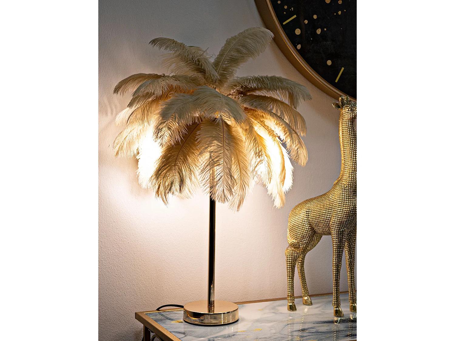 Lampe à Poser Imitation Plume "Palm" 60cm Or & Camel