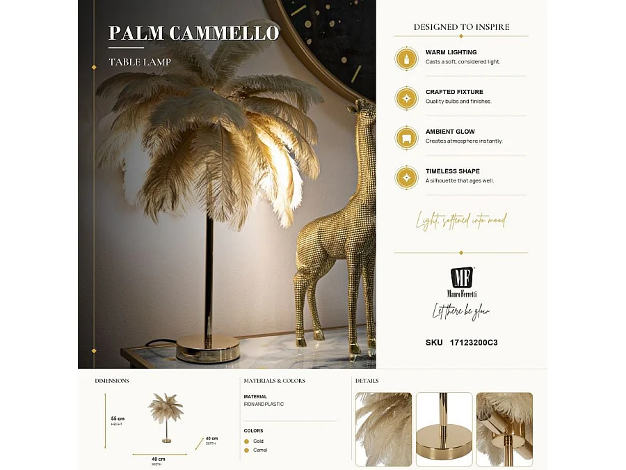 Lampe à Poser Imitation Plume "Palm" 60cm Or & Camel
