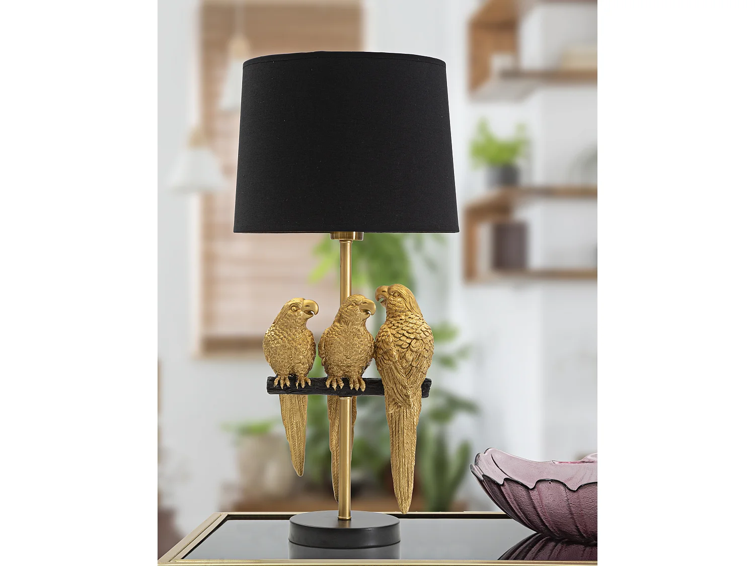 Lampe à Poser Design "Perroquets" 62cm Or & Noir