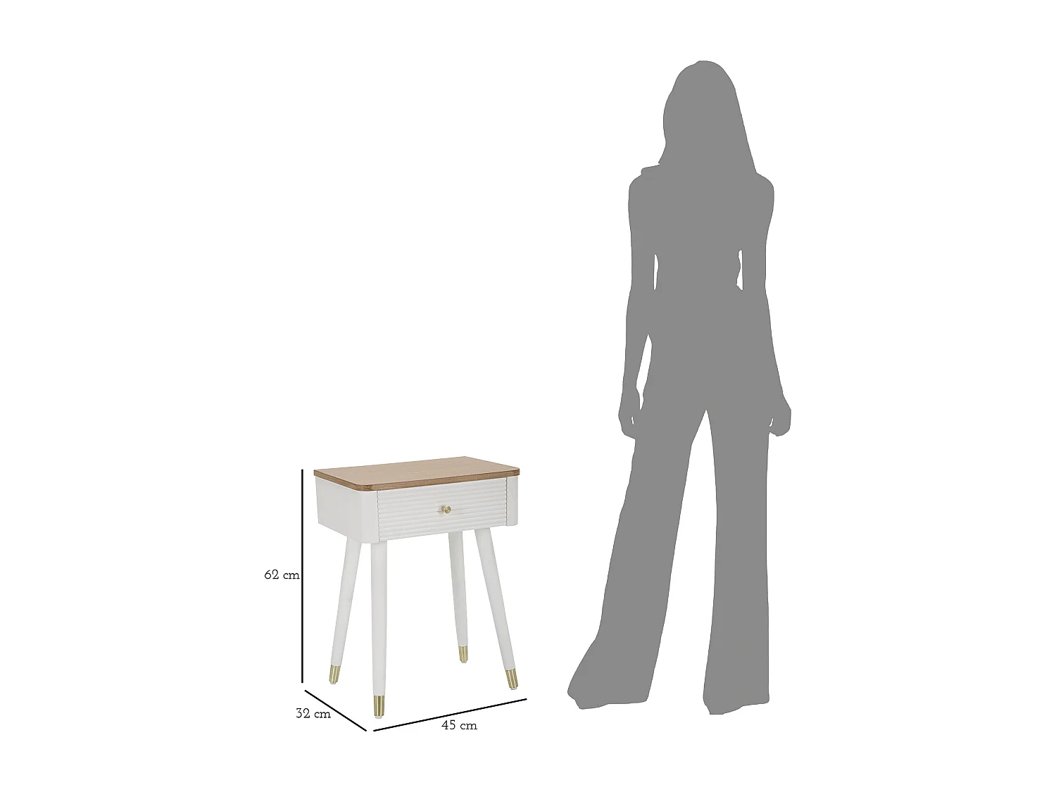 Comodino in legno bianco e marrone con cassetto cm 45x32x62