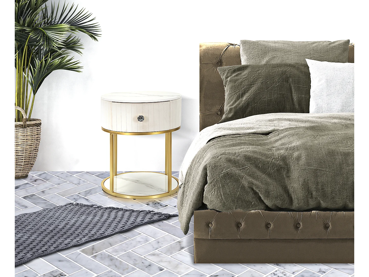 Comodino in metallo tessuto legno dorato beige bianco Ø cm 42x48