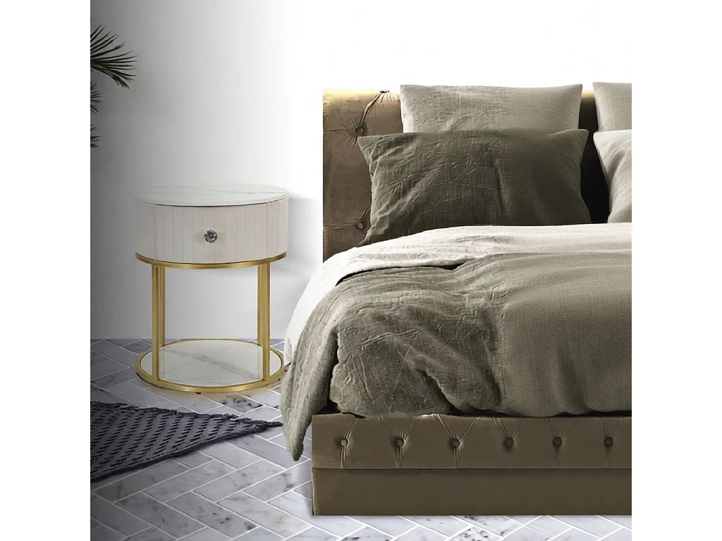 Table de Chevet Effet Marbre "Montpellier" 48 cm Crème & Or