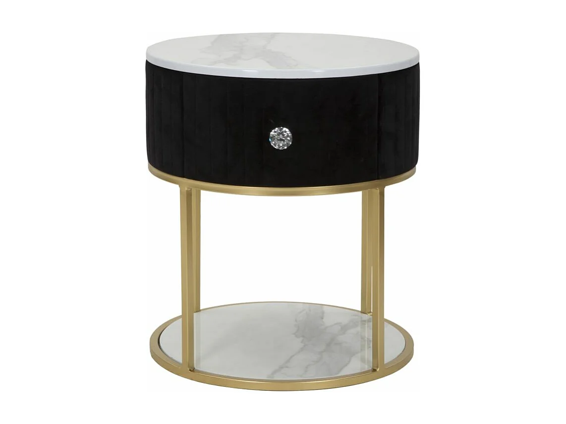 Table de chevet en métal tissu bois doré noir et blanc Ø 42x48 cm