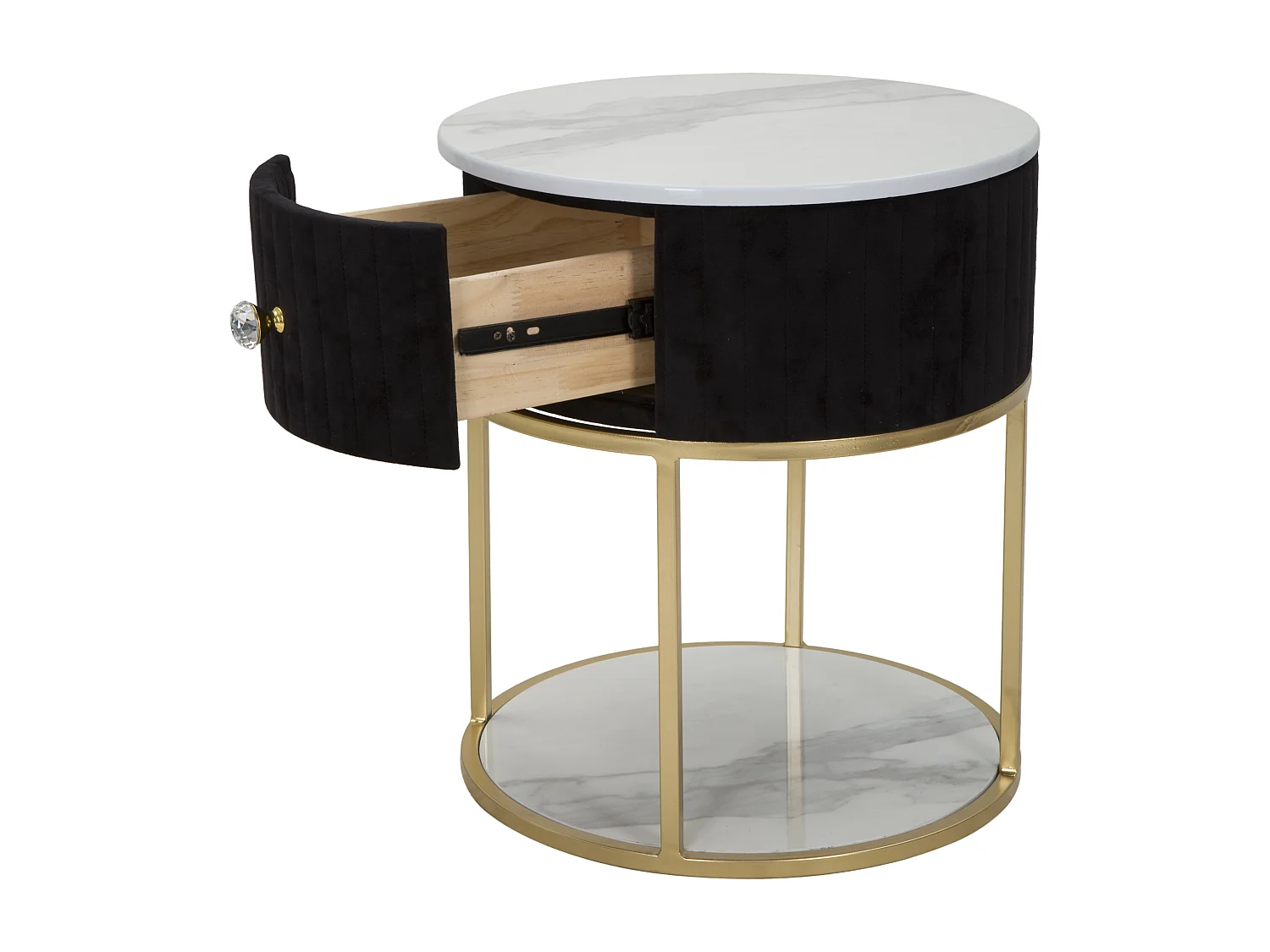 Table de chevet en métal tissu bois doré noir et blanc Ø 42x48 cm