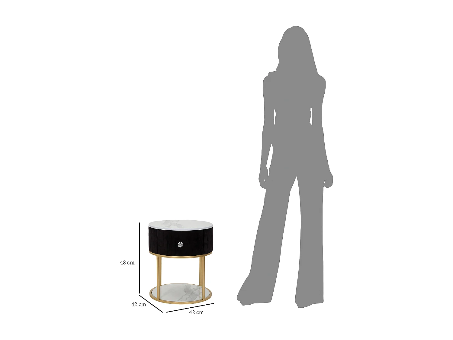 Table de chevet en métal tissu bois doré noir et blanc Ø 42x48 cm