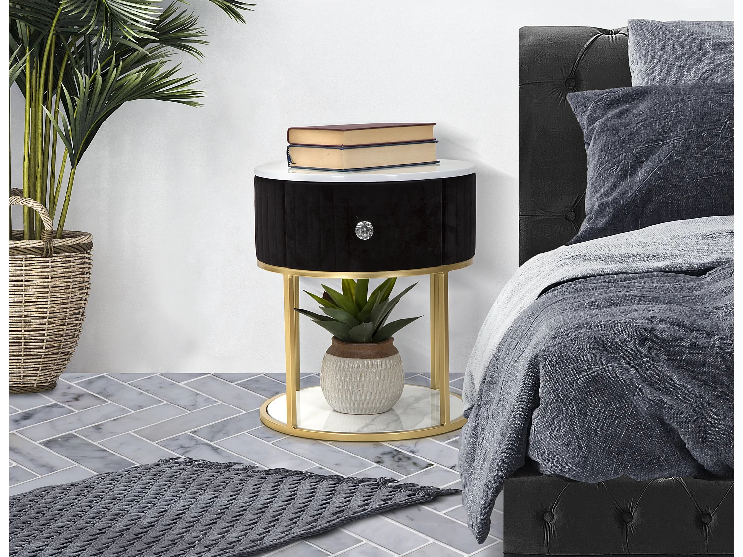 Table de chevet en métal tissu bois doré noir et blanc Ø 42x48 cm