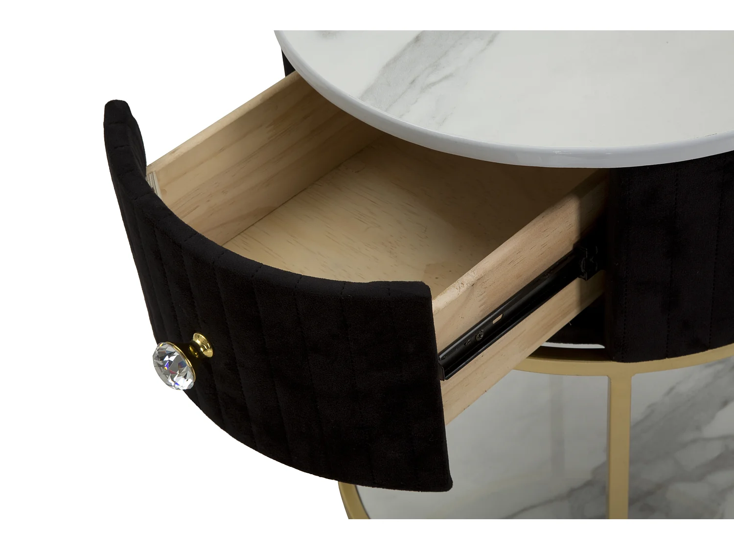 Table de chevet en métal tissu bois doré noir et blanc Ø 42x48 cm