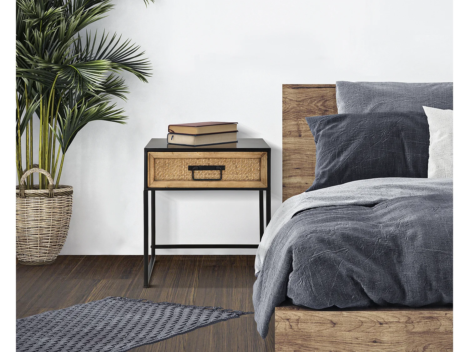 Comodino con cassetto in legno e metallo marrone e nero cm 45x40x51,5