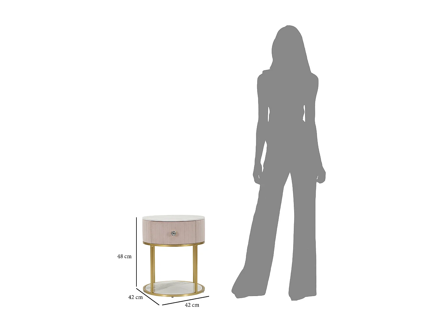 Comodino in metallo tessuto legno dorato rosa bianco Ø cm 42x48