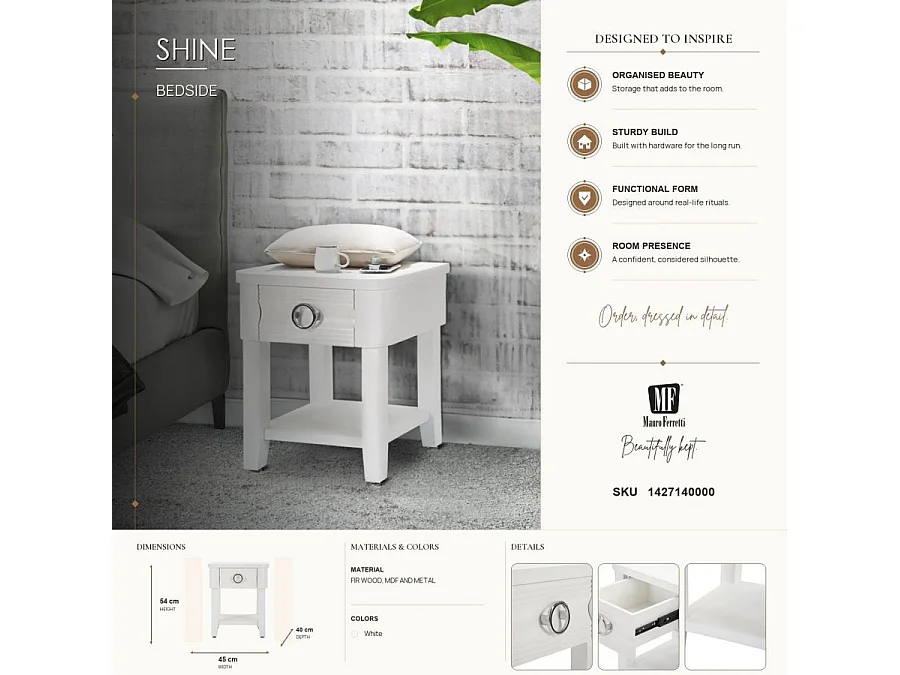 Shine Nachttisch aus weißem Holz, 45 x 40 x 54 cm – Nachttisch mit Schublade und Ablage – Modernes Design – Tannenholz und MDF