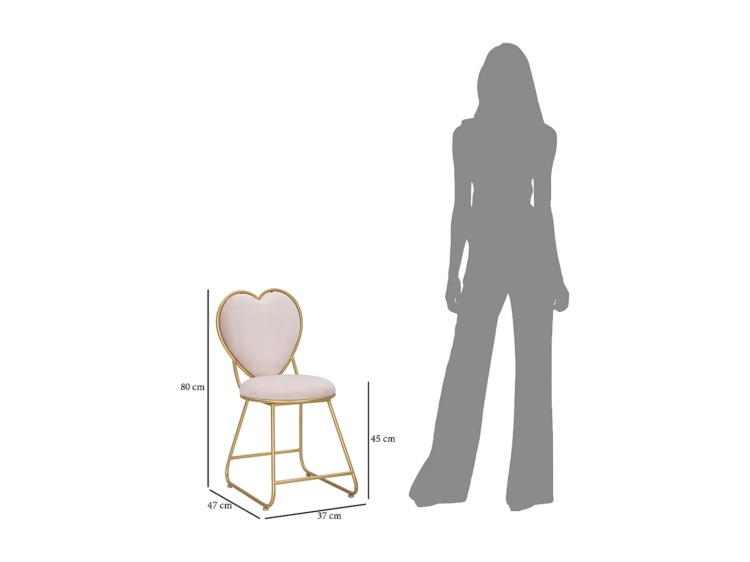 Chaise coeur en métal et tissu doré et rose 37x47x80 cm