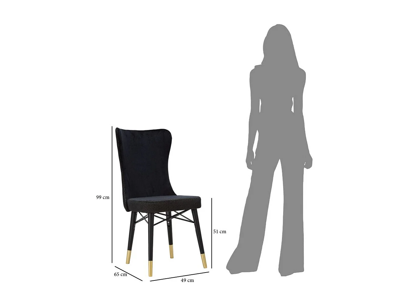 Set di 2 sedie in tessuto nere con gambe nere e dorate cm 40x65x99