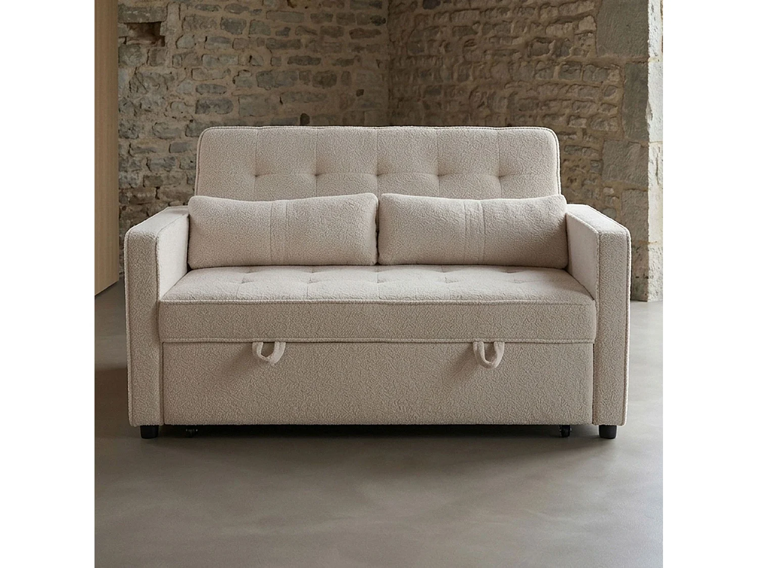 Canapé convertible 2 places Komaria Tissu bouclette Crème