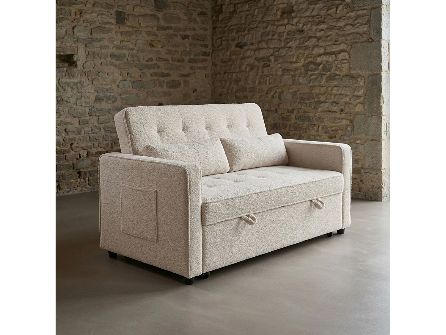 Canapé convertible 2 places Komaria Tissu bouclette Crème