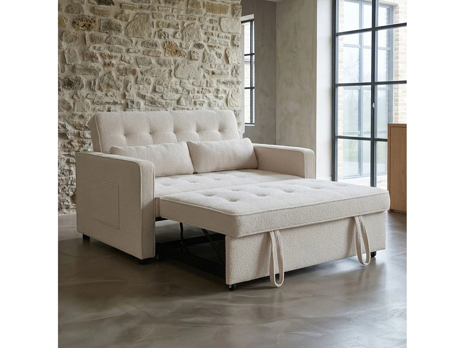 Canapé convertible 2 places Komaria Tissu bouclette Crème