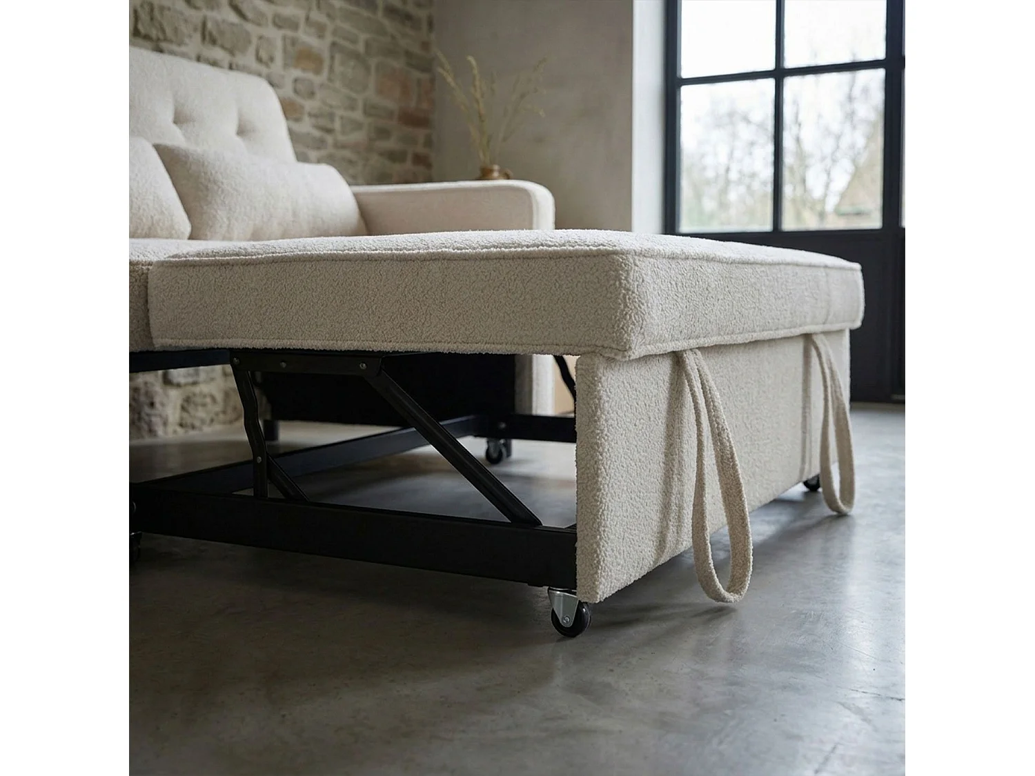 Canapé convertible 2 places Komaria Tissu bouclette Crème